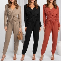 Casual Solid Color Two-piece Set Consist of Ruched Long Sleeve Shirt and Drawstring Pants
