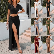 Sexy Solid Color Two-piece Set Consist of V-neck Crop Top and High Slit Maxi Skirt