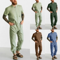 Casual Solid Color Stand Collar Short Sleeve Jumpsuit for Men