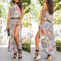 Bohemia Style Paisley Print Sleeveless Halter Slit Summer Dress