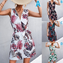 Bohemai Style Floral Printed V-neck Self-tie Mini Dress