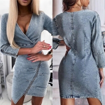 Fashion Old-washed V-neck Elbow Sleeve Zipper Irregualr Hemline Denim Dress