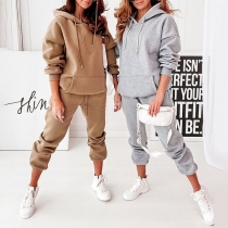 Fashion Solid Color Two-piece Set Consist of Drawstring Hooded Sweatshirt and Drawstring Sweatpants