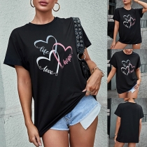 Casual Letter Heart Printed Round Neck Short Sleeve Shirt
