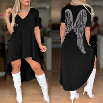 Fashion Wing Printed V-neck Short Sleeve High-low Hemline Dress