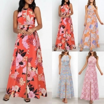 Bohemian Style Floral Printed Halter Criss-cross Backless Slit Maxi Dress