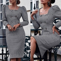 Fashion Houndstooth Print Puff Long Sleeve Double-breasted Bodycon Dress