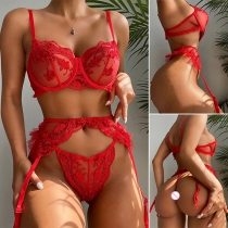 Sexy Lace Red Three-piece Lingerie Set