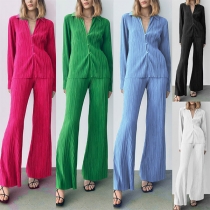 Fashion Solid Color Two-piece Loungewear Set Consist of Long Sleeve Blouse and Wide-leg Pants