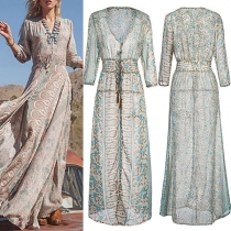 Bohemia Style Floral Printed V-neck Elbow Sleeve Slit Maxi Dress