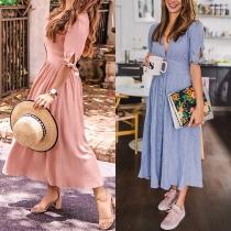 Casual Solid Color V-neck Buttoned Self-tie Short Sleeve Midi Dress