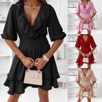 Fashion Solid Color Ruffled V-neck Elbow Sleeve Smocked Ruffled Mini Dress