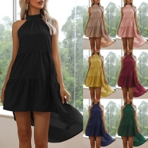 Casual Solid Color Halter High-low Hemline Tiered Dress
