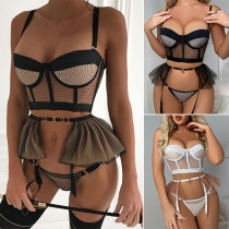 Sexy Mesh Netted Ruffled Lace-up Three-piece Lingerie Set