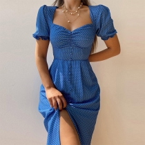 Fashion Polka-dot Printed Ruched Sweetheart Neckline Short Sleeve Buttoned Dress