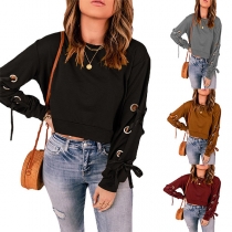 Fashion Solid Color Round Neck O-ring Lace-up Long Sleeve Shirt