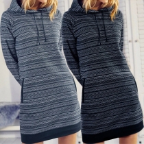 Casual Contrast Color Stripe Printed Hoodied Dress