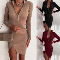 Sexy Solid Color Mock Neck Zipper V-neck Slit Bodycon Ribbed Dress