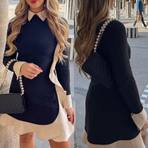 Elegant Contrast Color Stand Collar Long Sleeve Ruffled Mini Dress
