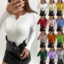 Casual Solid Color Buttoned V-neck Long Sleeve Knitted Shirt
