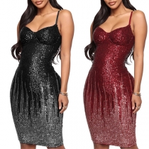Fashion Contrast Color Sequin Sweetheart Neckline Bodycon Party Slip Dress
