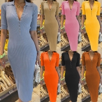 Fashion Solid Color Stand Color Buttoned V-neck Elbow Sleeve Knitted Bodycon Dress