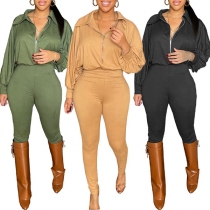 Fashion Solid Color Stand Collar Slit V-neck Long Sleeve Jumpsuit