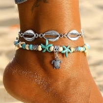 Fashion Shell Beaded Starfish Pendant Two-layer Anklet