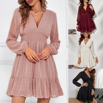 Fashion Solid Color Swiss-dot Long Sleeve V-neck High-waist Tiered Dress