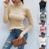 Fashion Solid Color Turtleneck Long Sleeve Knitted Ribbed Shirt
