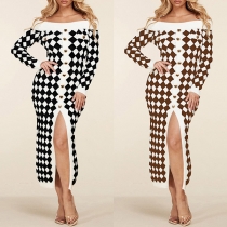 Sexy Contrast Color Diamond Printed Off-the-shoulder Long Sleeve Slit Bodycon Dress