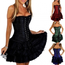 Sexy Lace Spliced Lace-up Tiered Ruffled Hemline Strapless Corset Dress