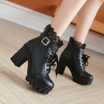 Fashion Lace Spliced Artificial Leather PU Chunky Heel Booties