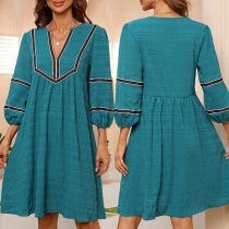 Fashion Contrast Color Stripe Printed V-neck 3/4 Sleeve Dress