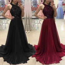 Fashion Sequined Bodice Gauze Spliced Halter Maxi Party Dress