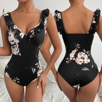 Fashion Floral Printed Ruffled One-piece Bodysuit
