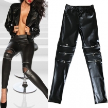 Fashion Zipper Artificial Leather PU Pants