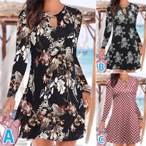 Casual Floral Printed Round Neck Long Sleeve Dress
