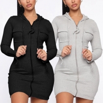 Casual Solid Color Long Sleeve Zipper Hooded Bodycon Dress