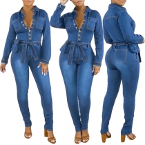 Fashion Old-washed Stand Collar Buttoned Long Sleeve Self-tie Slim Fit Denim Jumpsuit