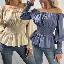 Fashion Solid Color Off-the-shoulder Long Sleeve Smocked Ruffled Shirt