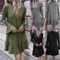 Casual Solid Color V-neck Tiered Ruffled Long Sleeve Mini Dress
