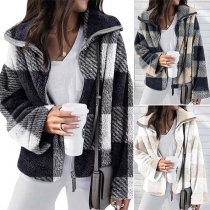 Casual Contrast Color Plaid Plush Hoodie Jacket