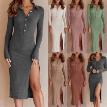 Fashion Solid Color Long Sleeve Polo Neck Buttoned V-neck Slit Bodycon Dress