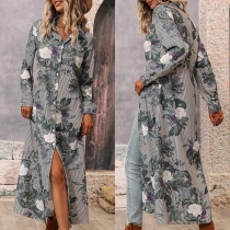 Fashion Floral Printed Long Sleeve Stand Collar Buttoned Slit Maxi Dress