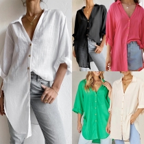 Casual Solid Color Roll-Tab Long Sleeve Blouse