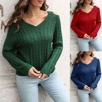 Fashion Solid Color Open-shoulder Sweetheart Neckline Long Sleeve Knitted Sweater