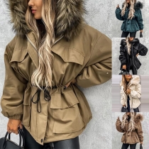 Fashion Artificial Fur Spliced Collar Hooded Long Sleeve Quilted Jacket