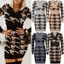 Fashion Contrast Color Houndstooth Printed Round Neck Long Sleeve Bodycon Knitted Dress