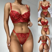 Sexy Floral Embroidery Red Two-piece Lingerie Set
